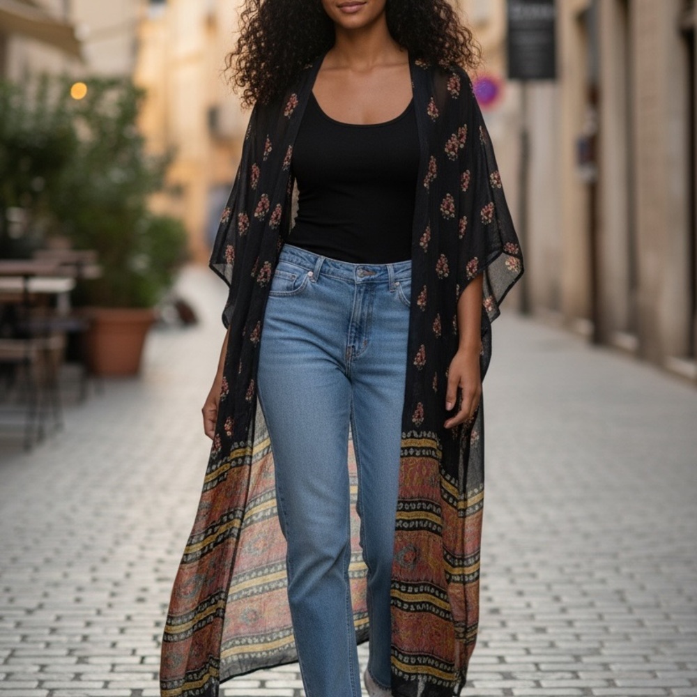 Natural Life Boho Bounty Navy Floral Light Weight 3/4 Sleeves Duster One Size - Picture 9 of 9